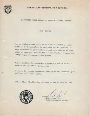 1985 - Carta del Consulado General de Colombia en Miami