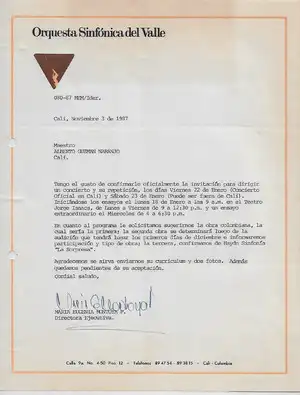 1987 - Invitación para la dirección de un concierto de la Orquesta Sinfónica del Valle