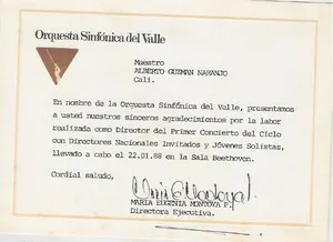 1988 - Carta de Agradecimiento de la Orquesta Sinfónica del Valle