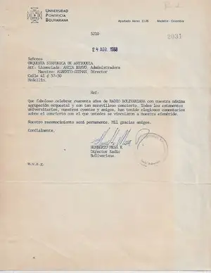 1988 - Carta de Agradecimiento por los 40 años de la Radio Bolivariana