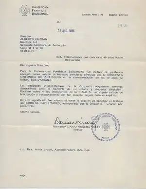 1988 - Carta de felicitación de 40 años de Radio Bolivariana de la Universidad Pontificia Bolivariana