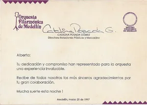1997 Carta de Agradecimiento y diploma de la Orquesta Filarmónica de Medellín