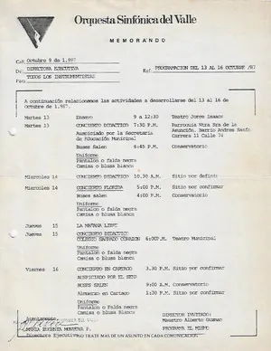 Octubre de 1987 Programación de la Orquesta Sinfónica del Valle