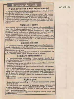 Nota de periódico - 12 de abril de 1986 - nombramiento de Alberto Guzmán como director de la Banda Departamental