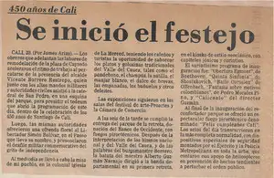 Nota de periódico - 450 años de Cali, se inició el festejo. Mención al director Alberto Guzmán