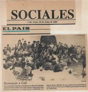 Nota de periódico - lunes 30 de junio de 1986 - Homenaje a Cali, Banda Departamental