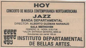 Nota de periódico y Folleto - Febrero 19 de 1987 - Concierto de música contemporánea norteamericana Jazz por la Banda Departamental