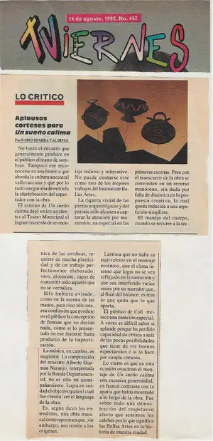 Notas de periódico - 14 de agosto de 1992 - Aplausos corteses para Un sueño Calima