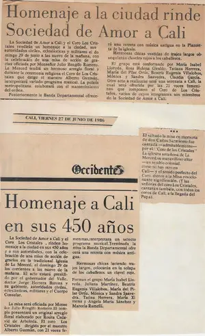 Notas de periódico - 27 de junio de 1986 - Homenaje a Cali por parte del Coro los cristales y la Banda Departamental